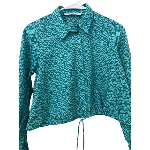 Zara Matching Set Maxi Skirt Crop Blouse XS Blue Green Print Dress 100% Cotton - Picture 13 of 16